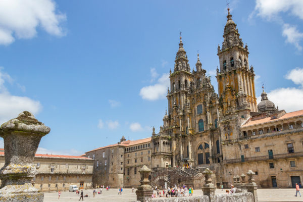 Façade of the Cathedral of Santiago de Compostela and Plaza Obradoiro