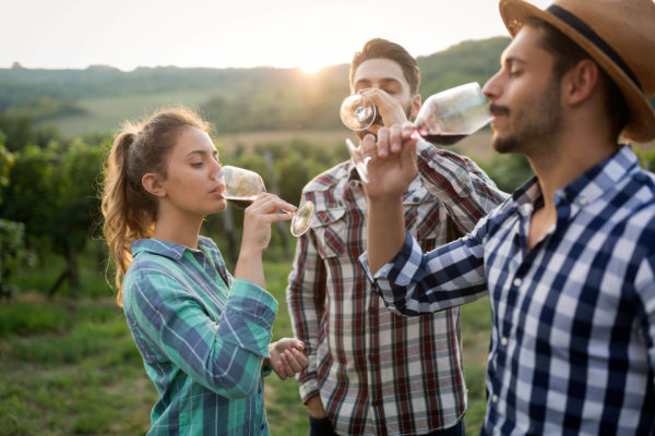 Young people drinking wine in vineyard, Spain